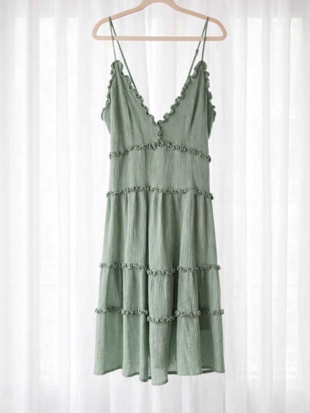 Love Tree Sage Green Tiered Ruffle Dress Size L Flowy Summer Boho Chic
